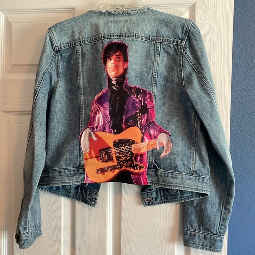 Custom Prince Chaps denim jacket, size L. 20” pit to pit, 19” shoulder to hem.